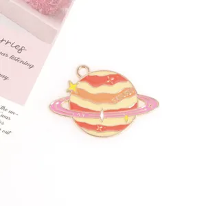 Enamel Saturn planet charm detail, colorful alloy pendant for DIY jewelry making necklace.
