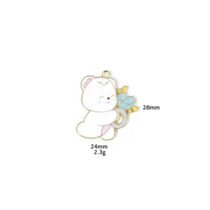 Cute white bear pendant DIY jewelry accessory, alloy enamel charm featuring blue heart candy.