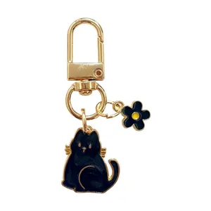 Cute black cat and flower keychain metal bag charm cute pendant for keys and handbags