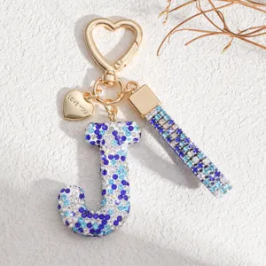 Porte-clés lettre J en strass avec lanière en cristal bleu et fermoir cœur pour sac