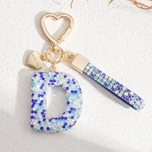 Porte-clés Lettre D Strass Doré Métal Cristal Bleu Pendentif Cœur Accessoire De Sac
