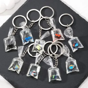 Resin water bag fish keychain details showing transparent creative sea animal pendants.
