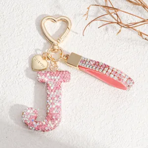 Porte-clés lettre J en strass Joli pendentif cœur en cristal pour sac à main