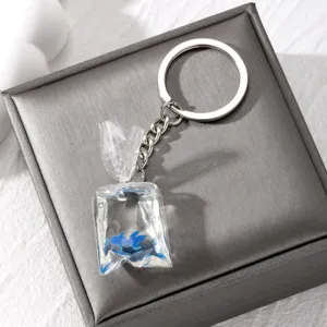 Close-up detail of creative simulated water bag fish resin keychain pendant, clear texture.