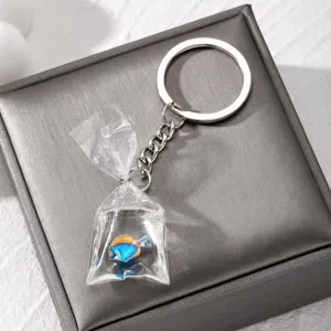 Cute simulation fish in water bag keychain, clear resin marine animal pendant for keys bag.