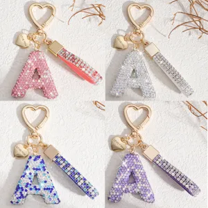 Porte-clés Lettre Strass Mode Alliage de Zinc Anneau Clé Alphabet Avec Pendentif Cœur d'Amour Pour Femmes Voiture Sac Décoration
