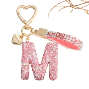Porte-clés lettre M en strass rose breloque sac cristal mignon pendentif clé de voiture