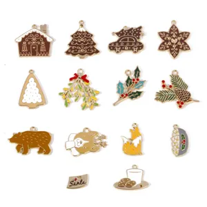 Christmas DIY enamel metal charms details, assorted zinc alloy gingerbread house and tree pendants.