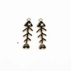 Gold and black enamel fish bone charms for DIY jewelry making earrings necklace crafts