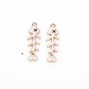 Gold-plated pink enamel fish bone pendants for DIY jewelry making earrings crafts 2pcs
