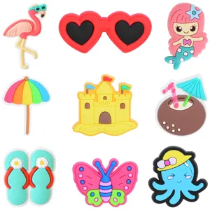Summer beach PVC charms detail shot, cute cartoon decorations for bags and shoes, colorful set.