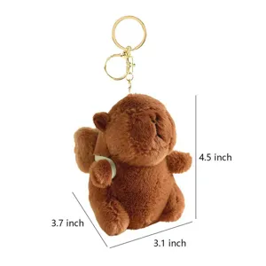 Close-up of cute capybara plush keychain with backpack, showing fine stitching and soft fabric texture.