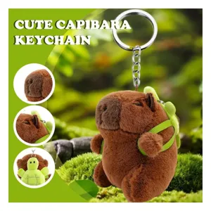 Cute capybara plush keychain with small turtle backpack, soft stuffed animal keyring for keys.