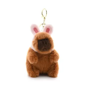 Cute capybara plush keychain with rabbit ears, soft animal backpack pendant for daily use.