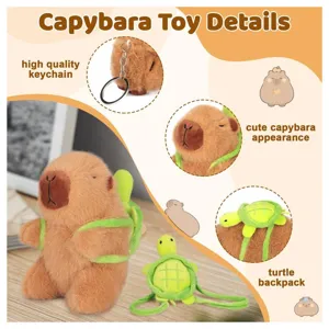 Schattige capybara pluche knuffel met schildpad rugzak en sleutelhanger details.