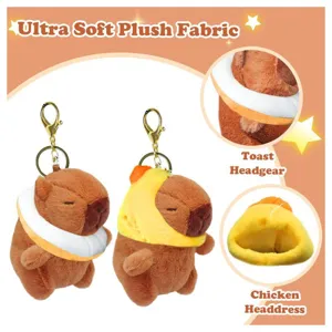 Detailed view of cute capybara plush keychain with soft fabric and unique headgear design.