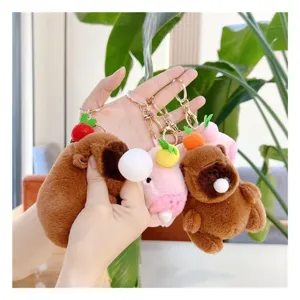 Cute capybara plush keychain detail view, soft stuffed animal bag pendant accessory.