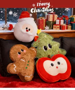 Niedliche Weihnachts Plüschkissen Set mit Weihnachtsmann, Lebkuchenmann, Tannenbaum und Apfel.