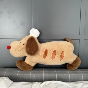 Cute chef baguette dog plush pillow, creative long stuffed animal toy for cuddling and sleeping.