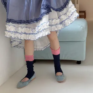 Korean style color-block stirrup socks with cute lettuce edge, breathable thin spring leg warmers.