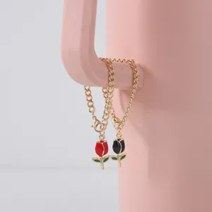 Cute tulip cup chain charm with metal thick links and red black enamel flowers for Stanley cup.