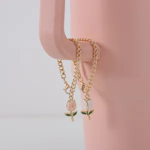 Gold-tone metal chain with cute enamel tulip charms, perfect decorative accessory for cups.