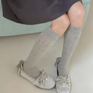 Grey vertical stripe calf socks for women, breathable combed cotton daily wear main view.