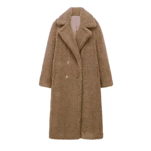 Women winter long teddy bear fleece coat thick warm double breasted lapel outerwear brown