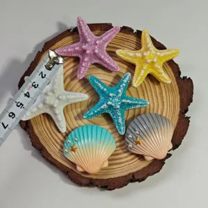 Colorful resin starfish and seashell charms for hole bags, cute ocean theme bag accessories.