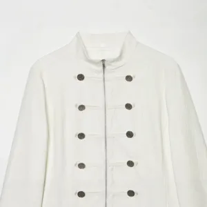 Damen weiße Stehkragen Jacke Mode Metall Knopf langärmelige Oberbekleidung Frühling Mantel