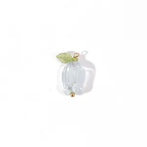 DIY handmade flower pendant charm, clear glass tulip shape with green leaf and gold loop.