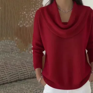 Suéter de punto liso con cuello drapeado para mujer, top casual de manga larga otoño.