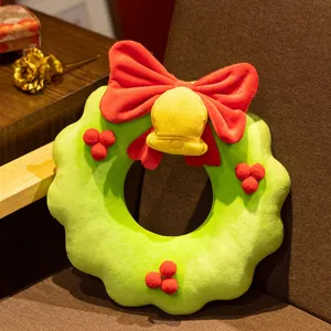 Cute Christmas wreath plush toy detail view, soft green holiday doll pillow for home decor