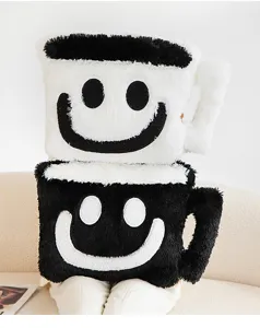 Black and white coffee cup plush pillow, cute smiley face throw pillow for sofa and bed.