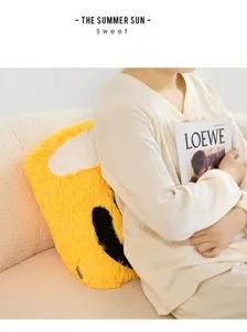Plush coffee cup shaped throw pillow detail, soft fluffy yellow cushion for sofa bed