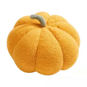Cozy pumpkin plush pillow, soft fuzzy fabric and cute green stem for home sofa decor.