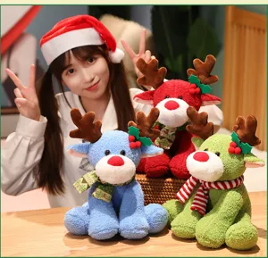 Detailed view of colorful Christmas reindeer plush toy with cute scarf, festive holiday decor.