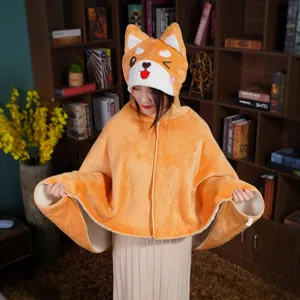 Cute Cartoon Shiba Inu Cloak Blanket Soft Flannel Hooded Shawl Nap Air Conditioning Blanket Kids Adults Warm Wearable Blanket