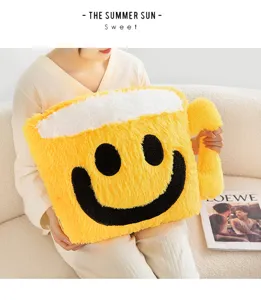 Yellow smiley coffee mug plush pillow for cozy living room sofa and bedroom decor comfort.
