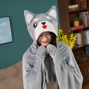 Cute grey Shiba Inu hooded cloak blanket with gloves, cozy plush nap blanket for home.