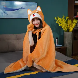 Cute Shiba Inu hooded cloak blanket, soft plush lazy shawl for office nap or home use.