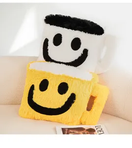 Cute plush coffee cup pillow, soft smiley face cushion for living room sofa and bedroom decor.