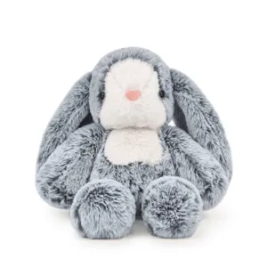 Grey long-eared plush bunny toy, soft soothing doll plushie for kids and Easter gift details.
