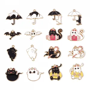 DIY Halloween Devil Cat Enamel Pendants Black White Cat Umbrella Alloy Charms For Necklace Key Chain Jewelry Making