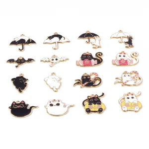 Zinc alloy Halloween cat enamel charms set, black and white devil cat DIY jewelry pendants.
