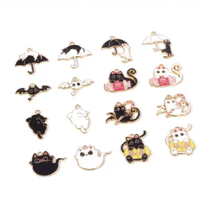 DIY enamel cat charms cute black white cat devil umbrella Halloween alloy pendant jewelry making