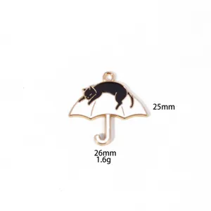 Detailed view of cute black cat on white umbrella zinc alloy charm pendant DIY accessory.