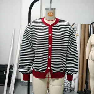 Black and white striped knit cardigan with red collar and buttons for daily wear.
