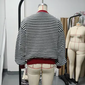 Black and white striped knit cardigan with red collar and cuffs, casual sweater top for women