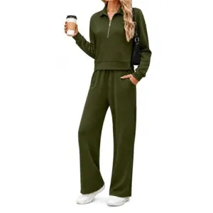 Women Casual Sports Long Sleeve Half Zip Sweatshirt And Wide Leg Pants Set Solid Color Loose Two Piece Tracksuit